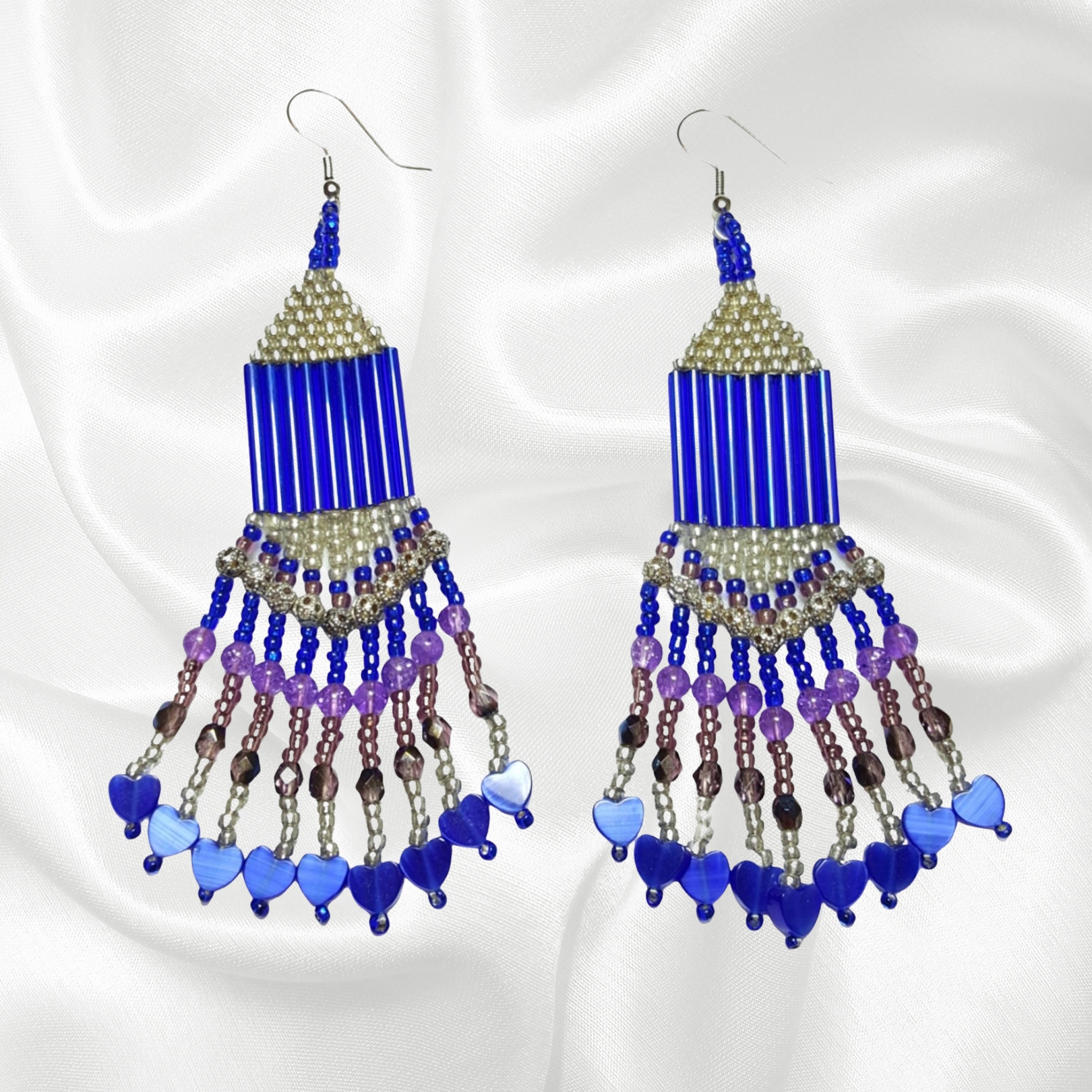 Blue Purple Silver Filigree Southwestern Beaded Dangle Drop Chandelier Earrings