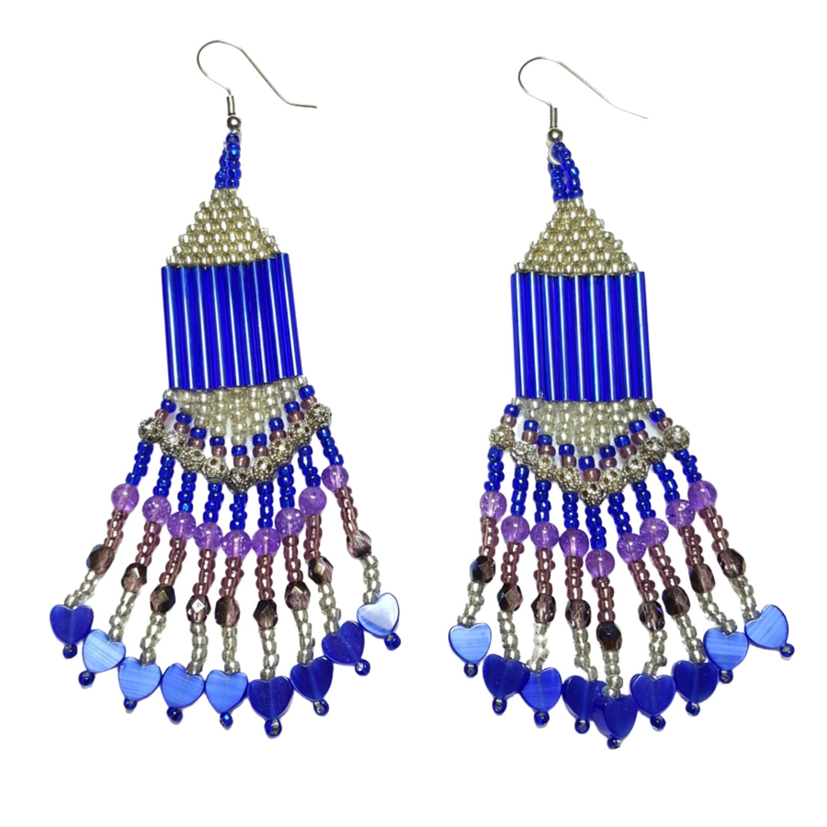 Blue Purple Silver Filigree Southwestern Beaded Dangle Drop Chandelier Earrings