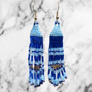 Sea and Sky Sapphire Blue Gold Beaded Fringe Earrings Southwestern