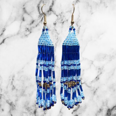 Sea and Sky Sapphire Blue Gold Beaded Fringe Earrings Southwestern