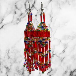 Red Fiesta Multicolor Festival Beaded Fringe Earrings Southwestern