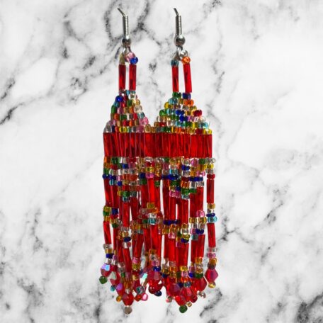 Red Fiesta Multicolor Festival Beaded Fringe Earrings Southwestern