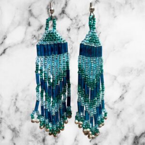 Tidal Flow Teal Aqua Blue Silver Beaded Fringe Earrings Southwestern