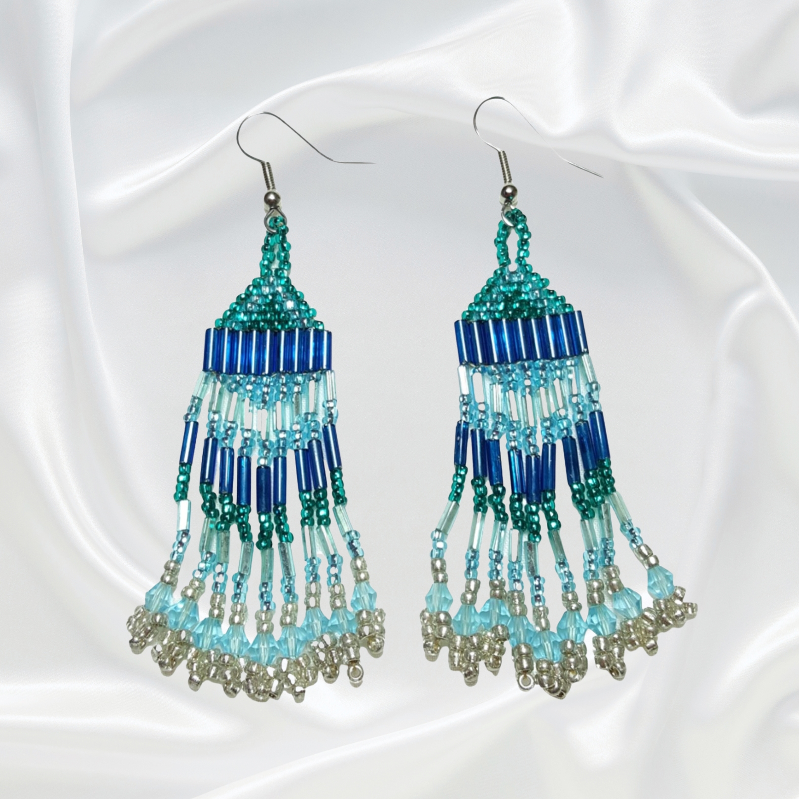 Teal Blue Green Silver Southwestern Beaded Dangle Drop Earrings