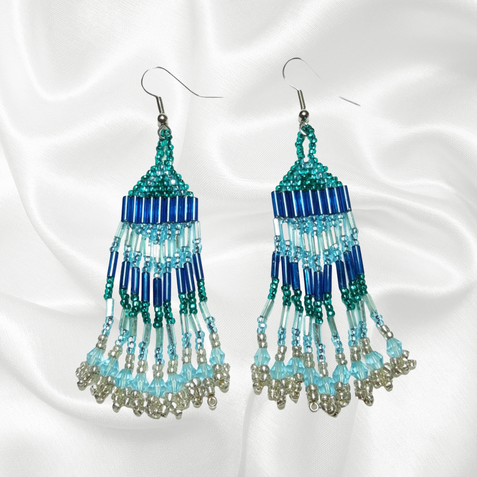 Teal Blue Green Silver Southwestern Beaded Dangle Drop Earrings