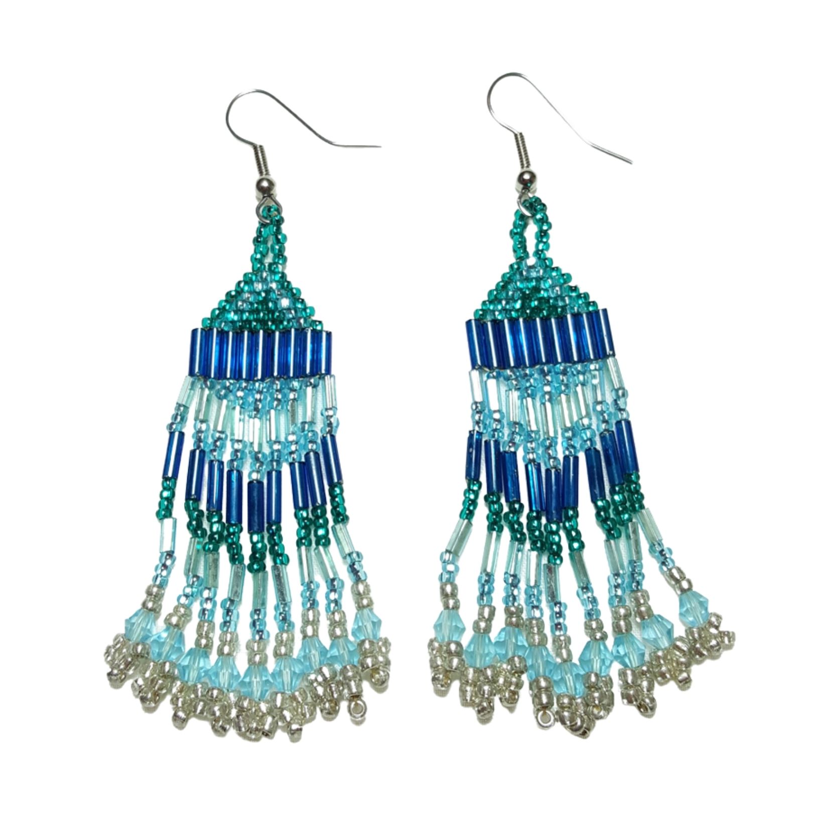 Teal Blue Green Silver Southwestern Beaded Dangle Drop Earrings