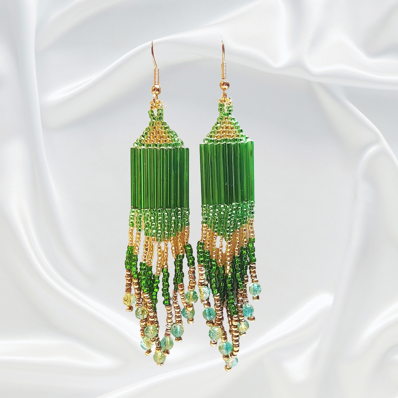 Green and Gold Southwestern Beaded Dangle Drop Chandelier Earrings