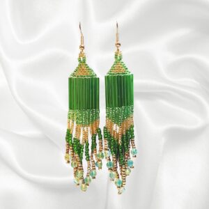 Green and Gold Southwestern Beaded Dangle Drop Chandelier Earrings
