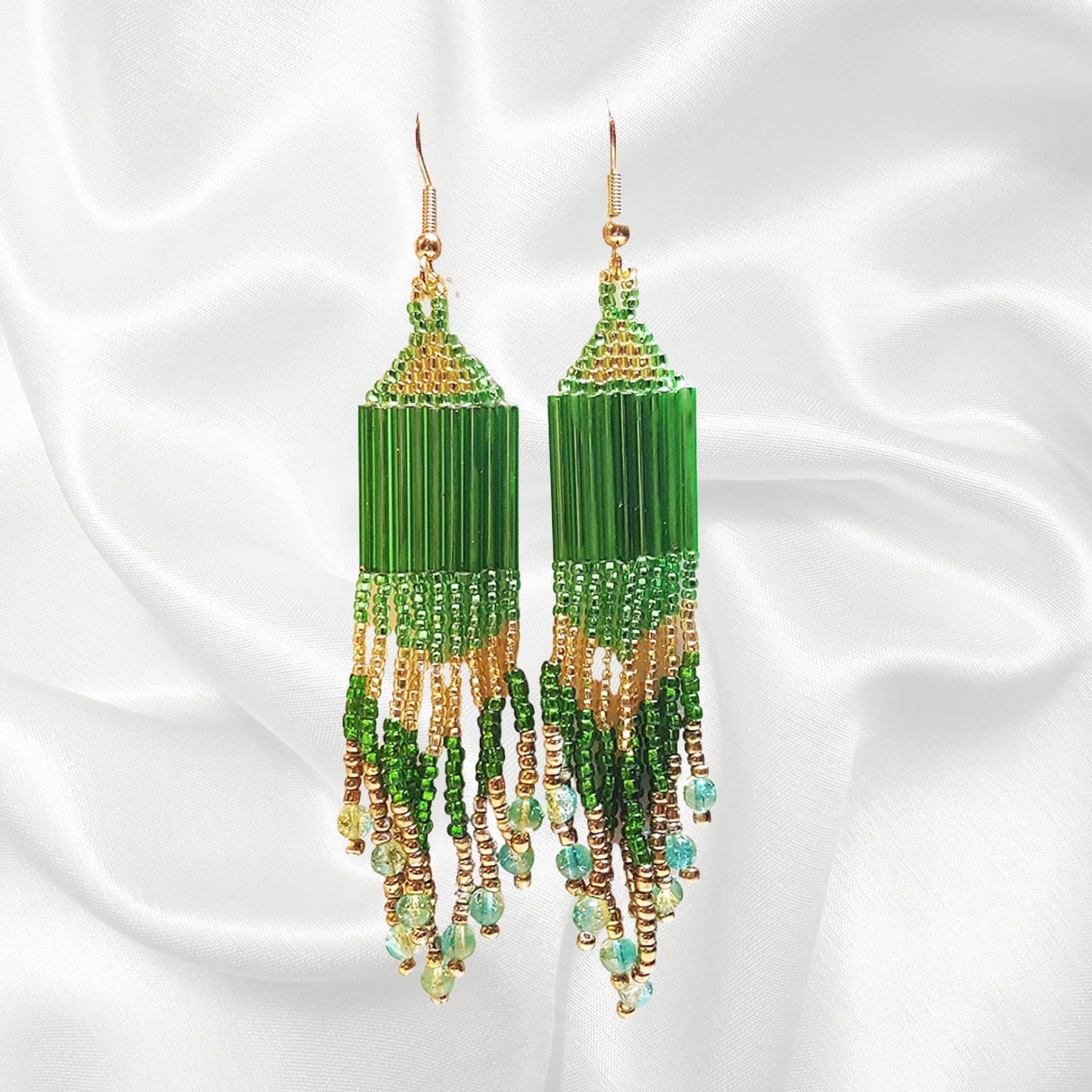 Green and Gold Southwestern Beaded Dangle Drop Chandelier Earrings