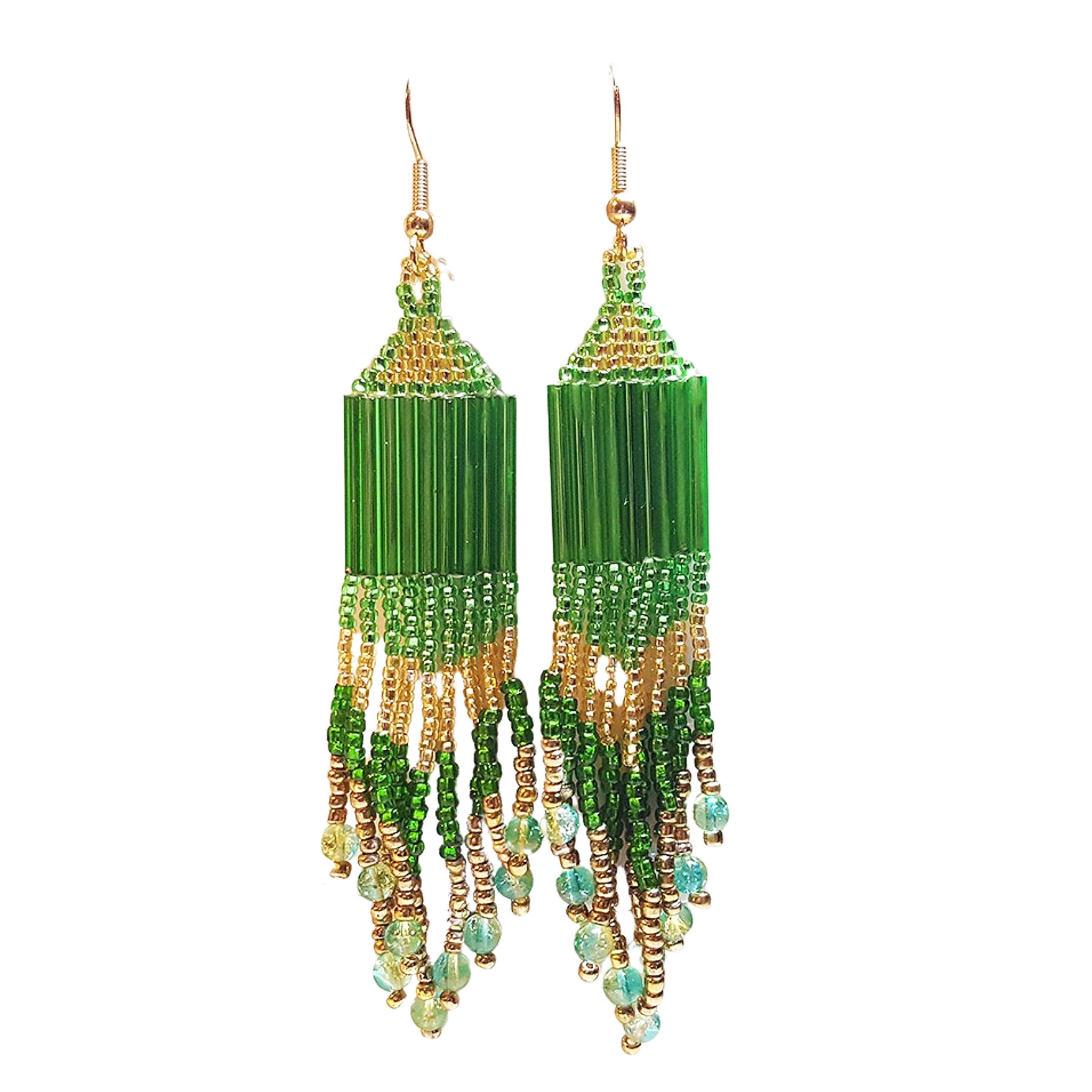 Green and Gold Southwestern Beaded Dangle Drop Chandelier Earrings