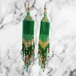 Emerald Radiance Green Gold Beaded Fringe Earrings Southwestern