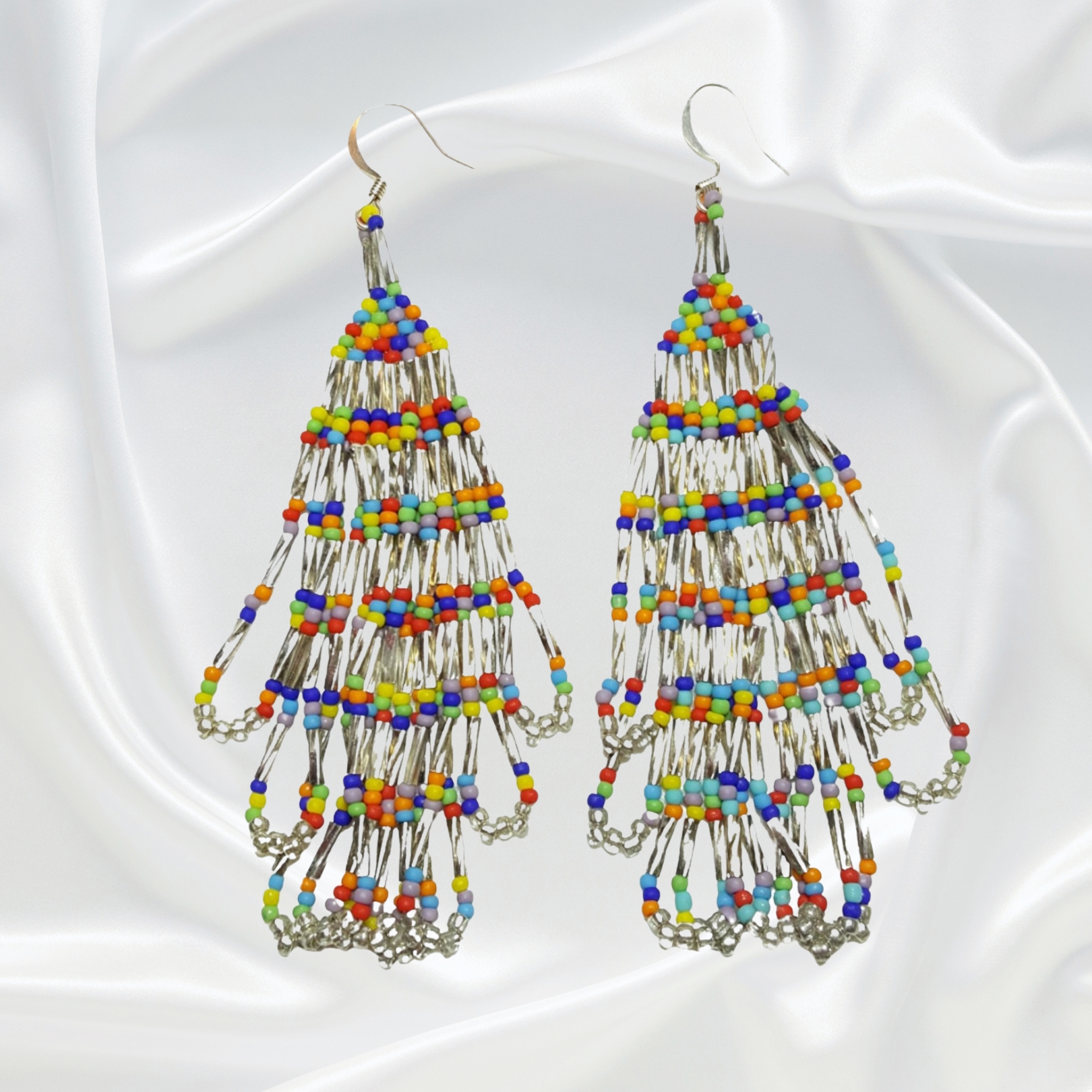 Sterling Silver Multi Color Southwestern Beaded Dangle Drop Chandelier Earrings