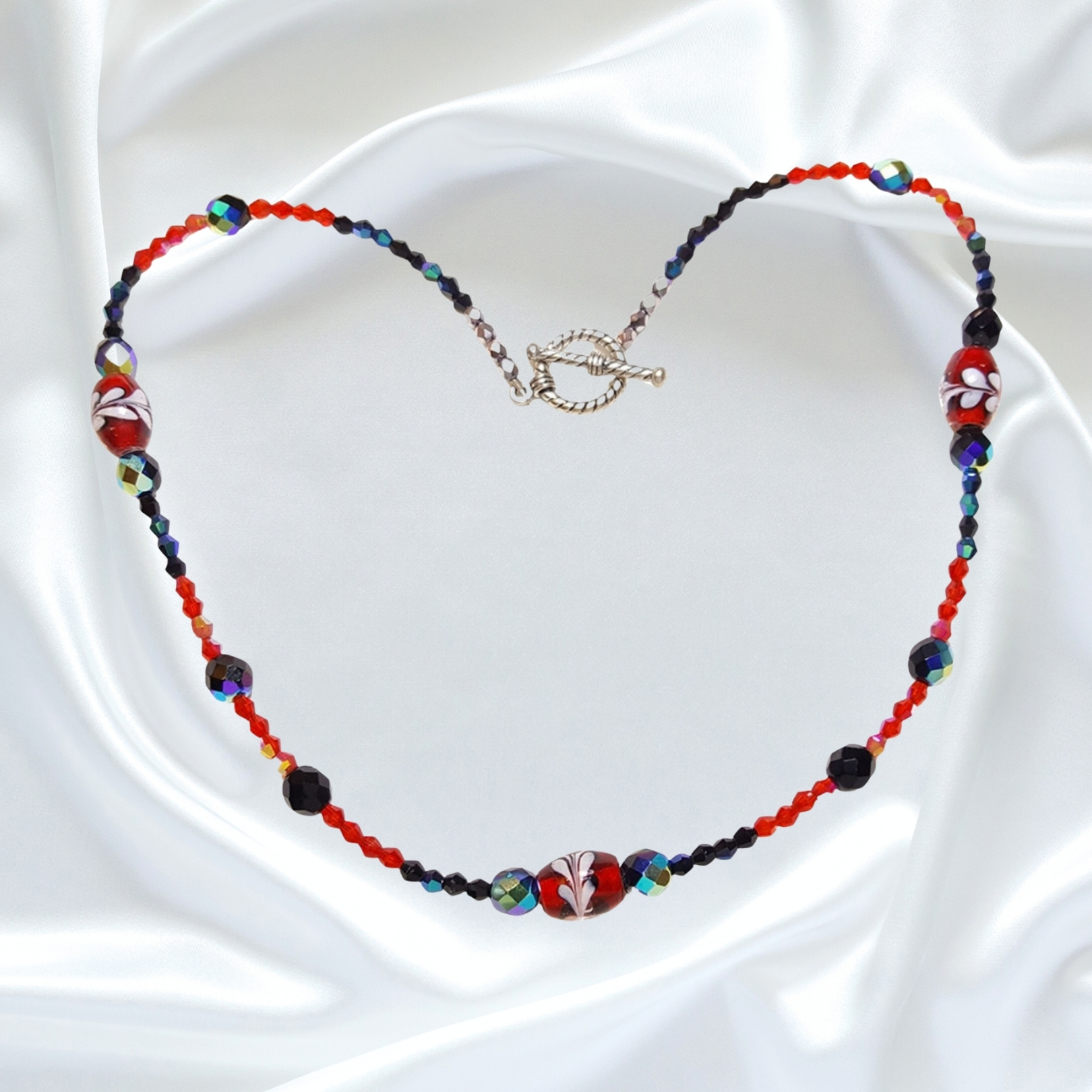 Red and Black Lampwork Crystals Single Strand Statement Necklace Bracelet Set