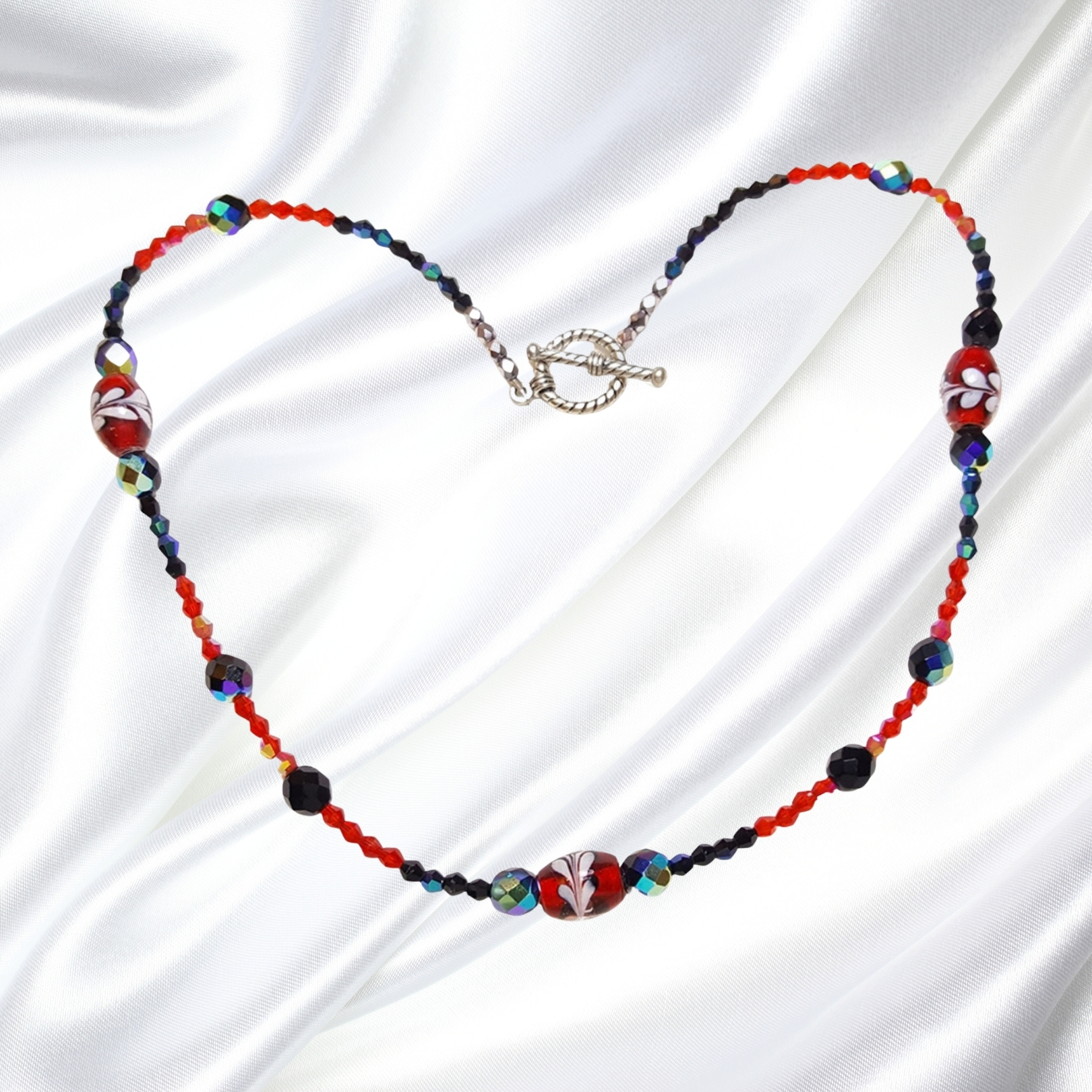 Red and Black Lampwork Crystals Single Strand Statement Necklace Bracelet Set