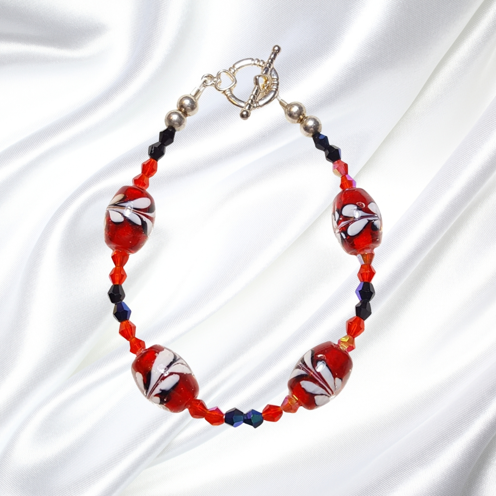 Red and Black Lampwork Crystals Single Strand Statement Necklace Bracelet Set