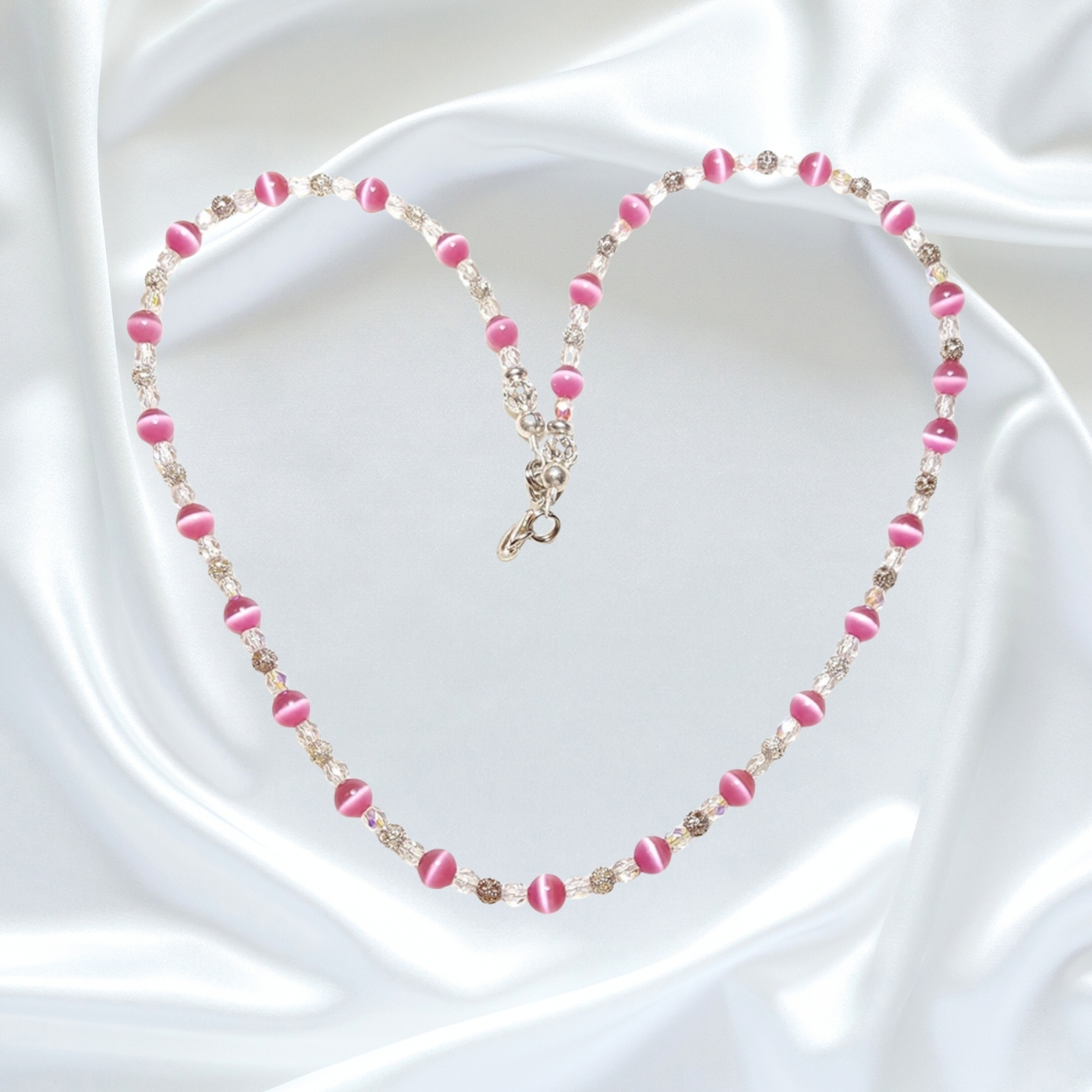 Rose Pink Cats Eye Czech Floral Lampwork Single Strand Statement Necklace Set