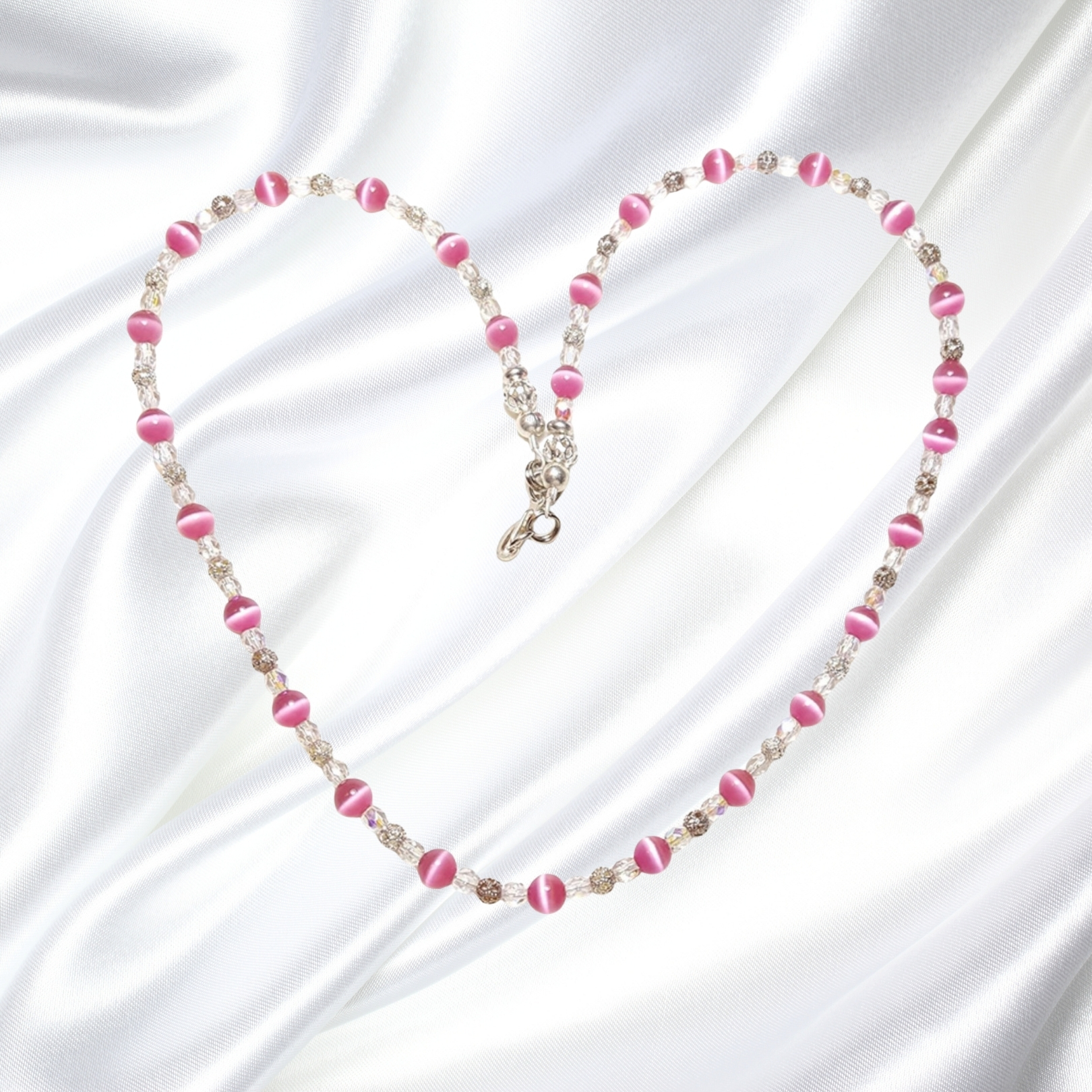 Rose Pink Cats Eye Czech Floral Lampwork Single Strand Statement Necklace Set