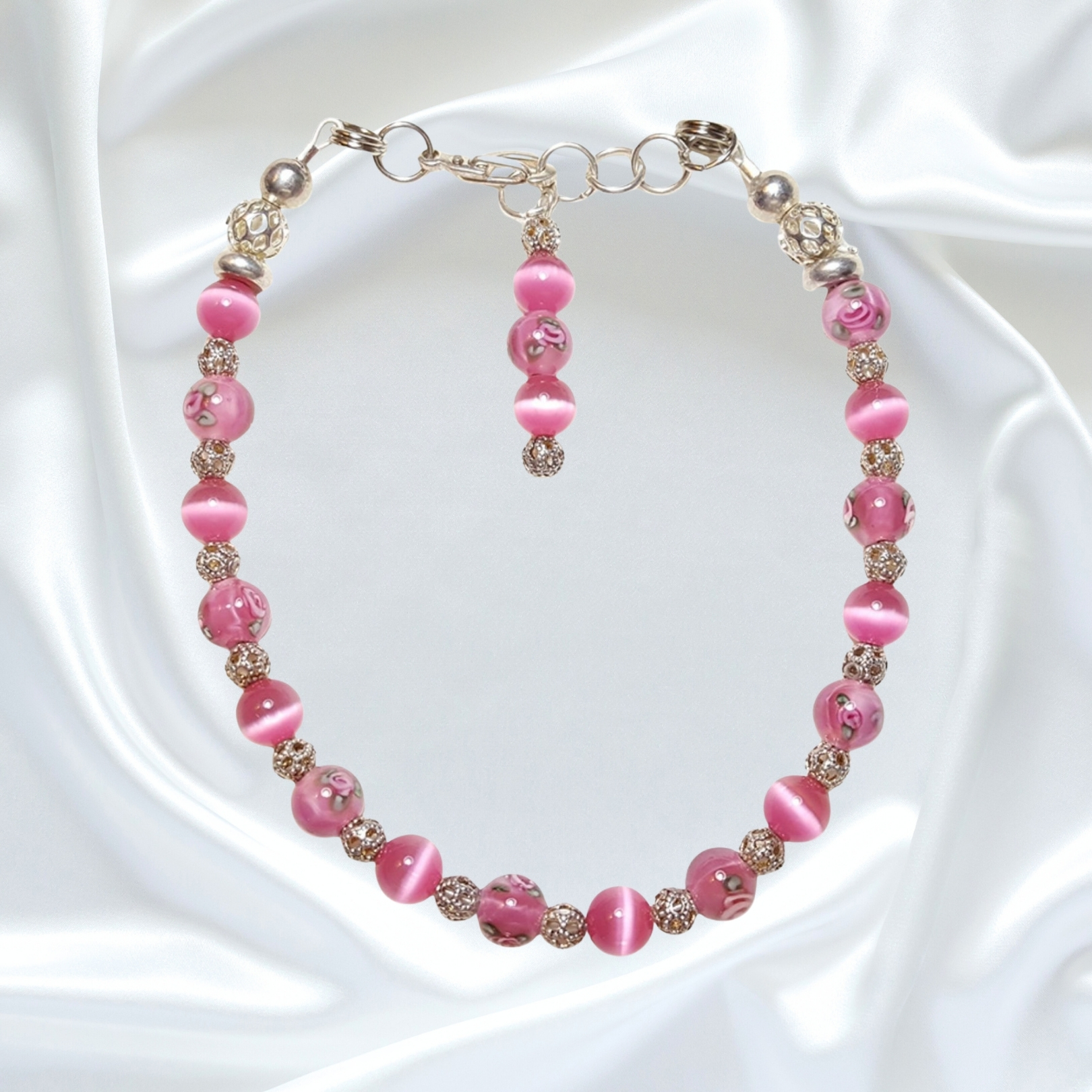 Rose Pink Cats Eye Czech Floral Lampwork Single Strand Statement Necklace Set