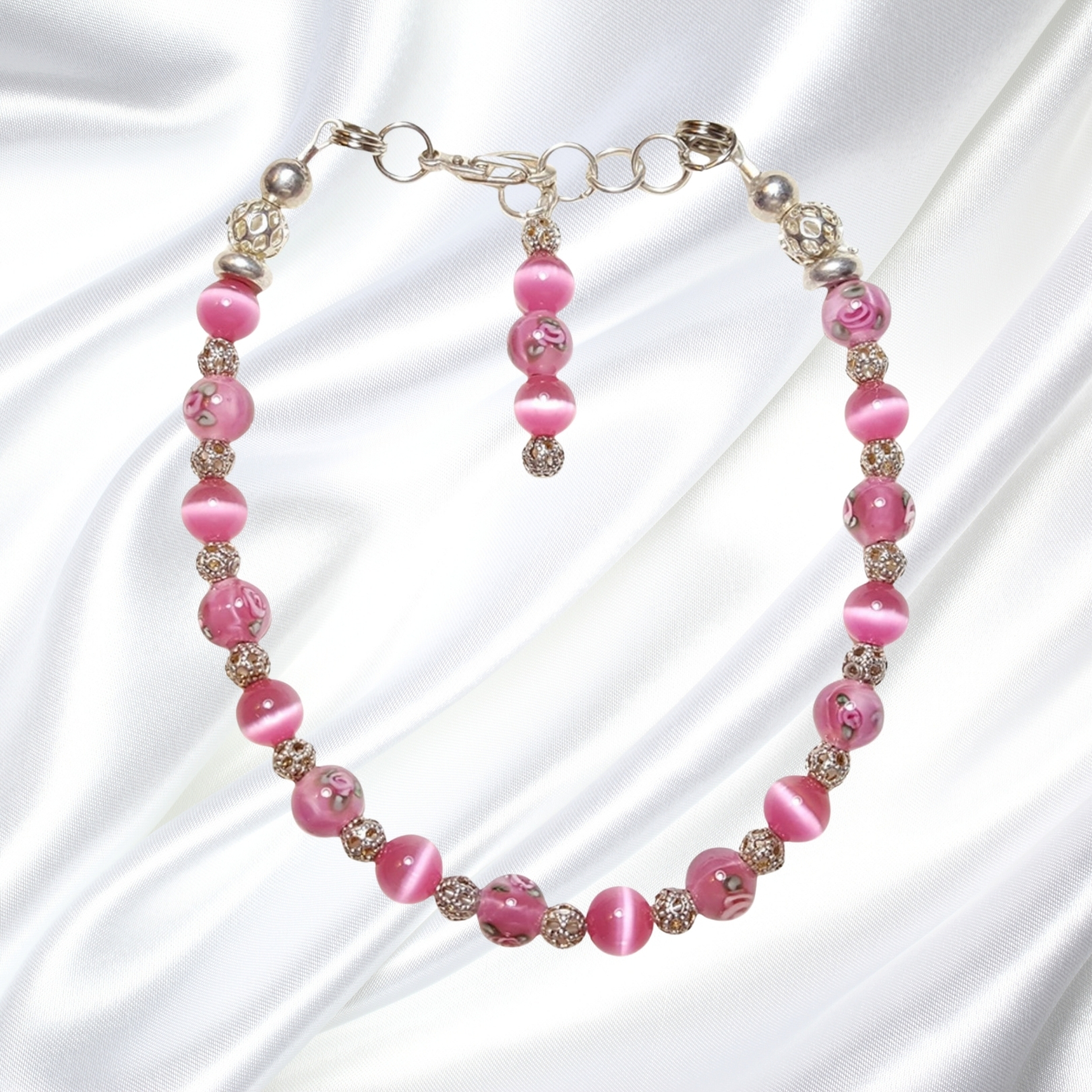 Rose Pink Cats Eye Czech Floral Lampwork Single Strand Statement Necklace Set