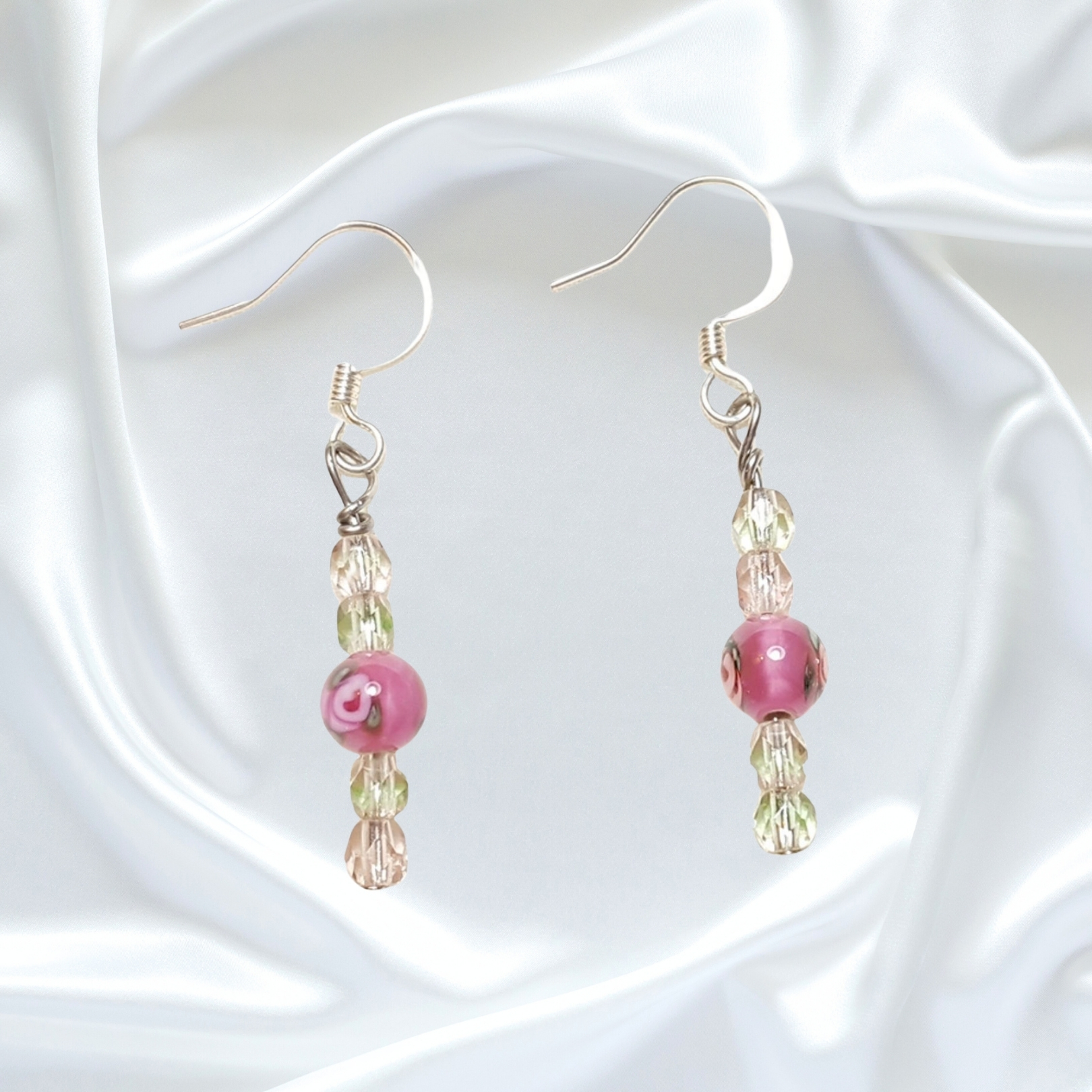 Rose Pink Cats Eye Czech Floral Lampwork Single Strand Statement Necklace Set