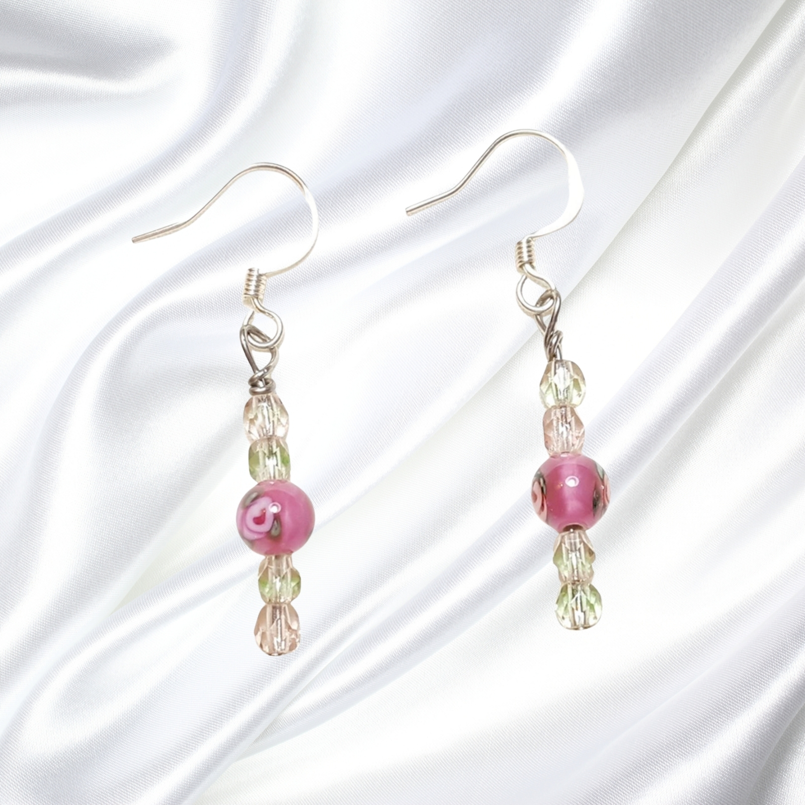 Rose Pink Cats Eye Czech Floral Lampwork Single Strand Statement Necklace Set