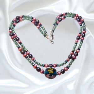 Freshwater Pearls and Lampwork Focal Bead Double Strand Statement Necklace Bracelet Set