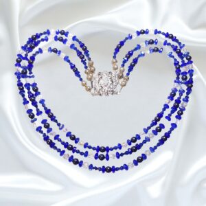 Midnight Blue Pearls and Crystals Triple Strand Necklace Earrings Set Wedding Bridal