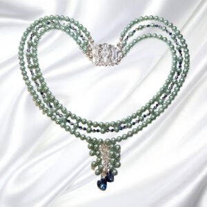 Teal Green Pearls and Crystals Triple Strand Necklace Bracelet Earrings Set Wedding Bridal