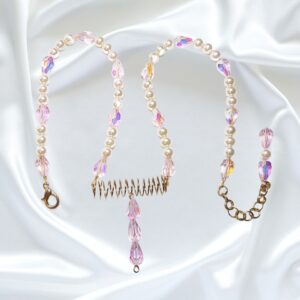 Cream Pearls Pink Crystals Single Strand Statement Necklace Earrings Set Coil Pendant