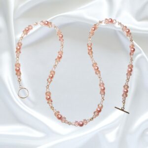 Rose Pink Pearls Crystal Single Strand Statement Necklace and Bracelet Set 14K Clasp