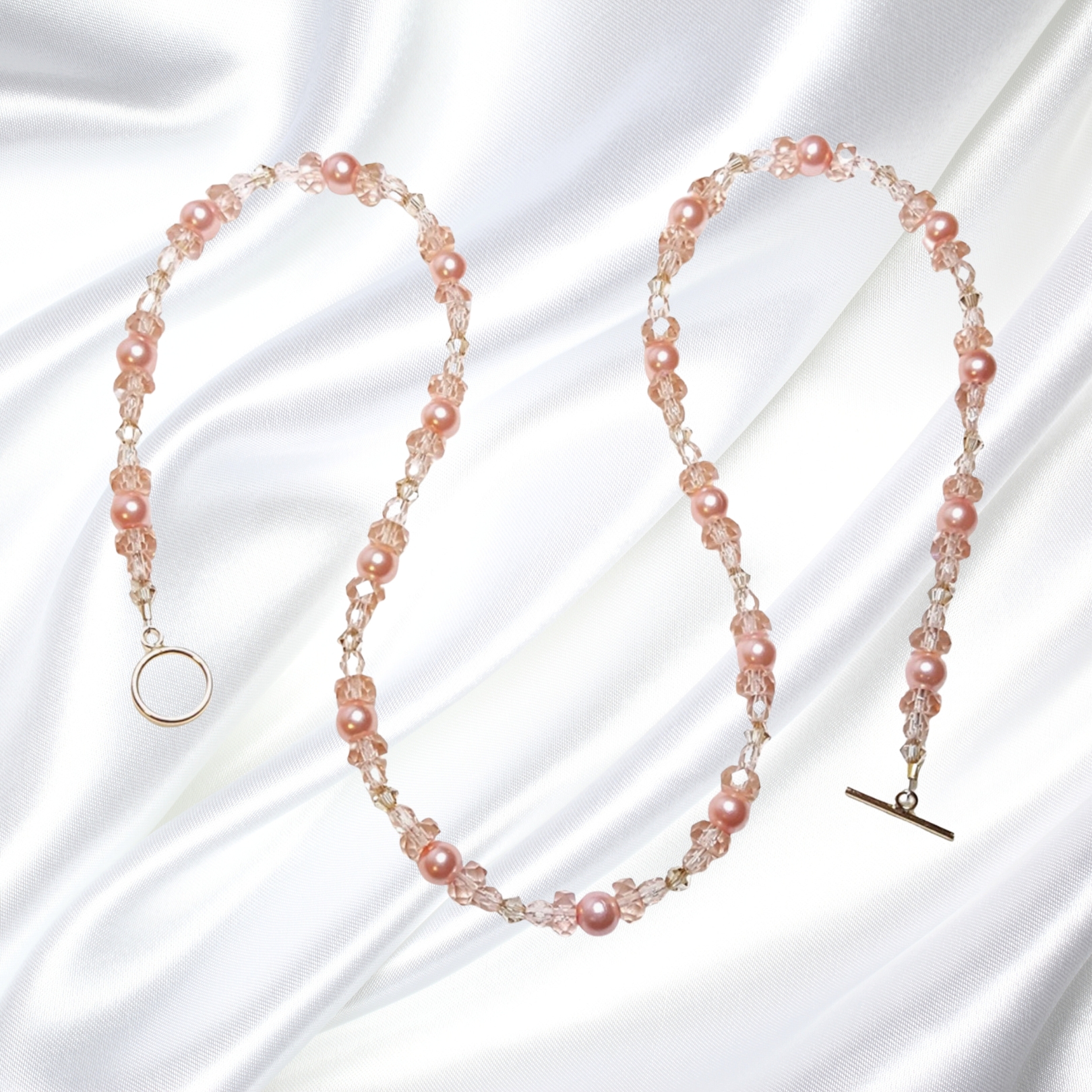 Rose Pink Pearls Crystal Single Strand Statement Necklace and Bracelet Set 14K Clasp
