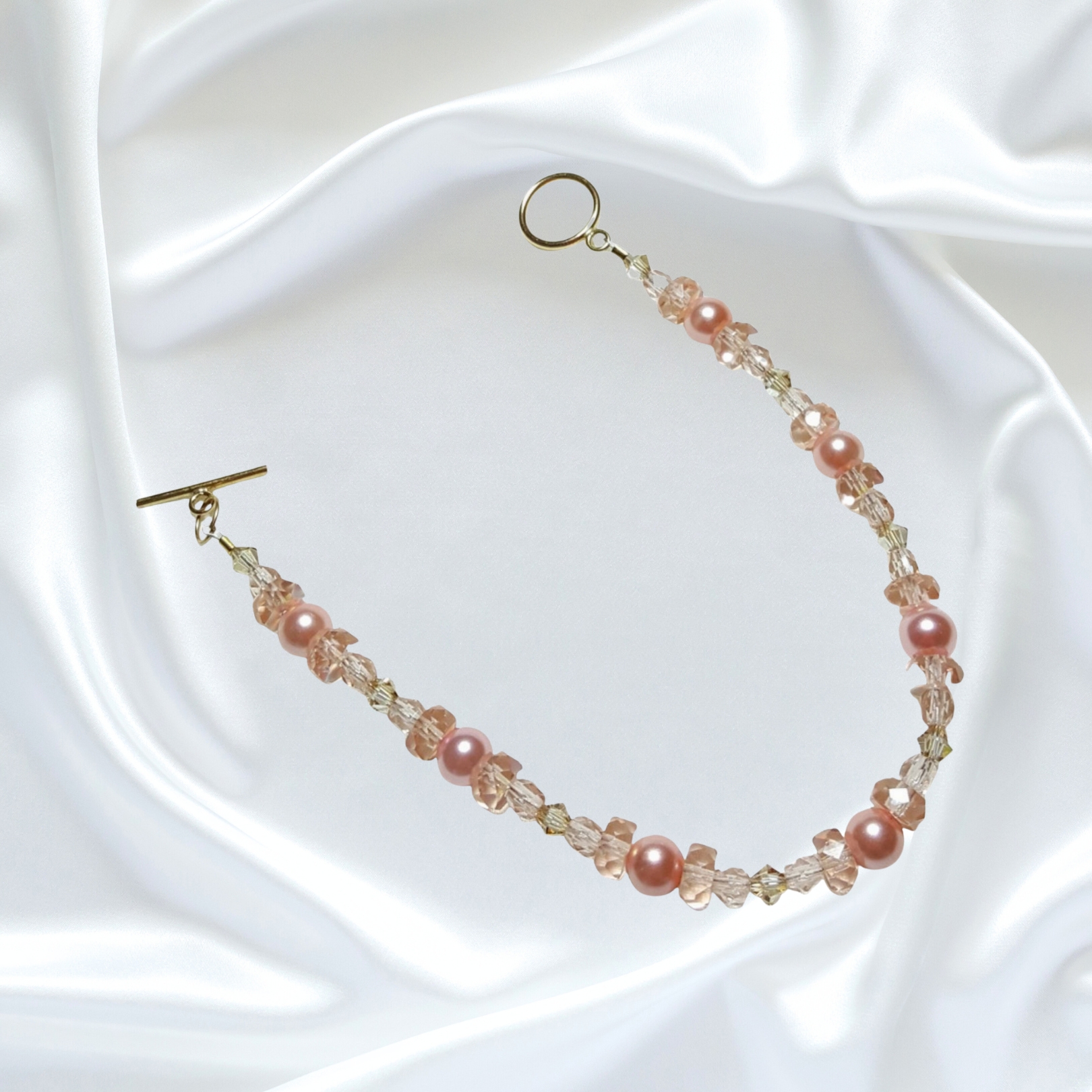 Rose Pink Pearls Crystal Single Strand Statement Necklace and Bracelet Set 14K Clasp