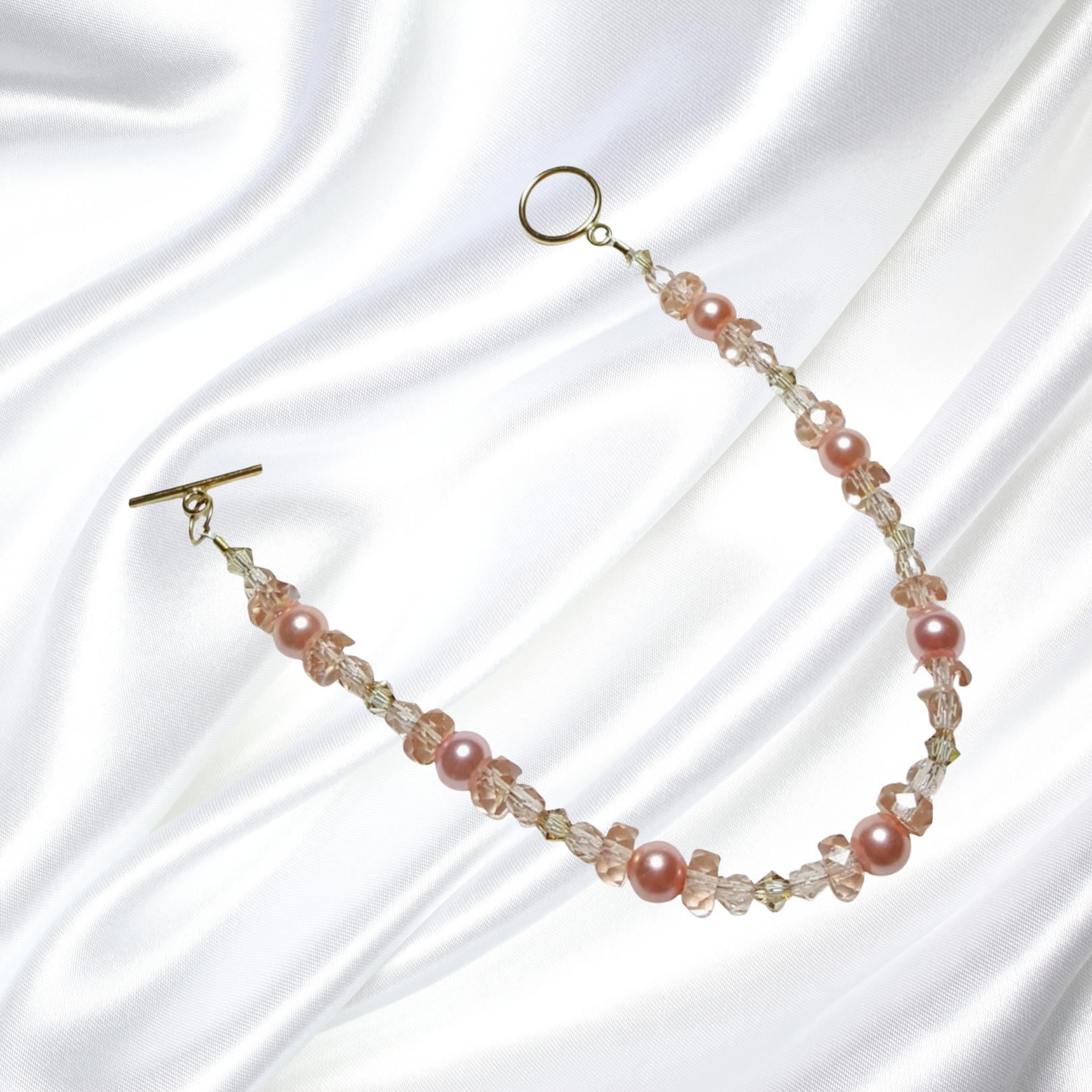Rose Pink Pearls Crystal Single Strand Statement Necklace and Bracelet Set 14K Clasp