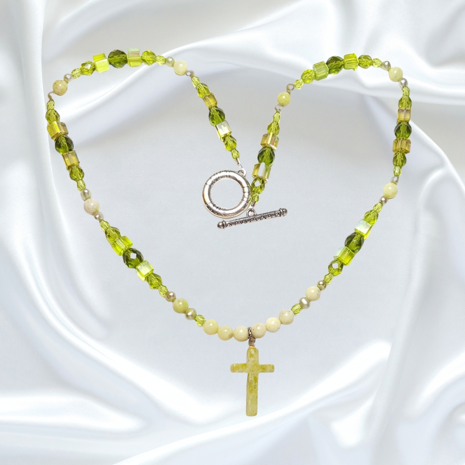 Natural Serpentine Gemstone Pearl Cross Single Strand Statement Necklace Earrings Set