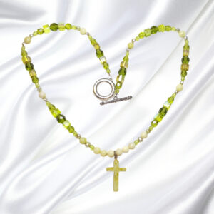 Natural Serpentine Gemstone Pearl Cross Single Strand Statement Necklace Earrings Set