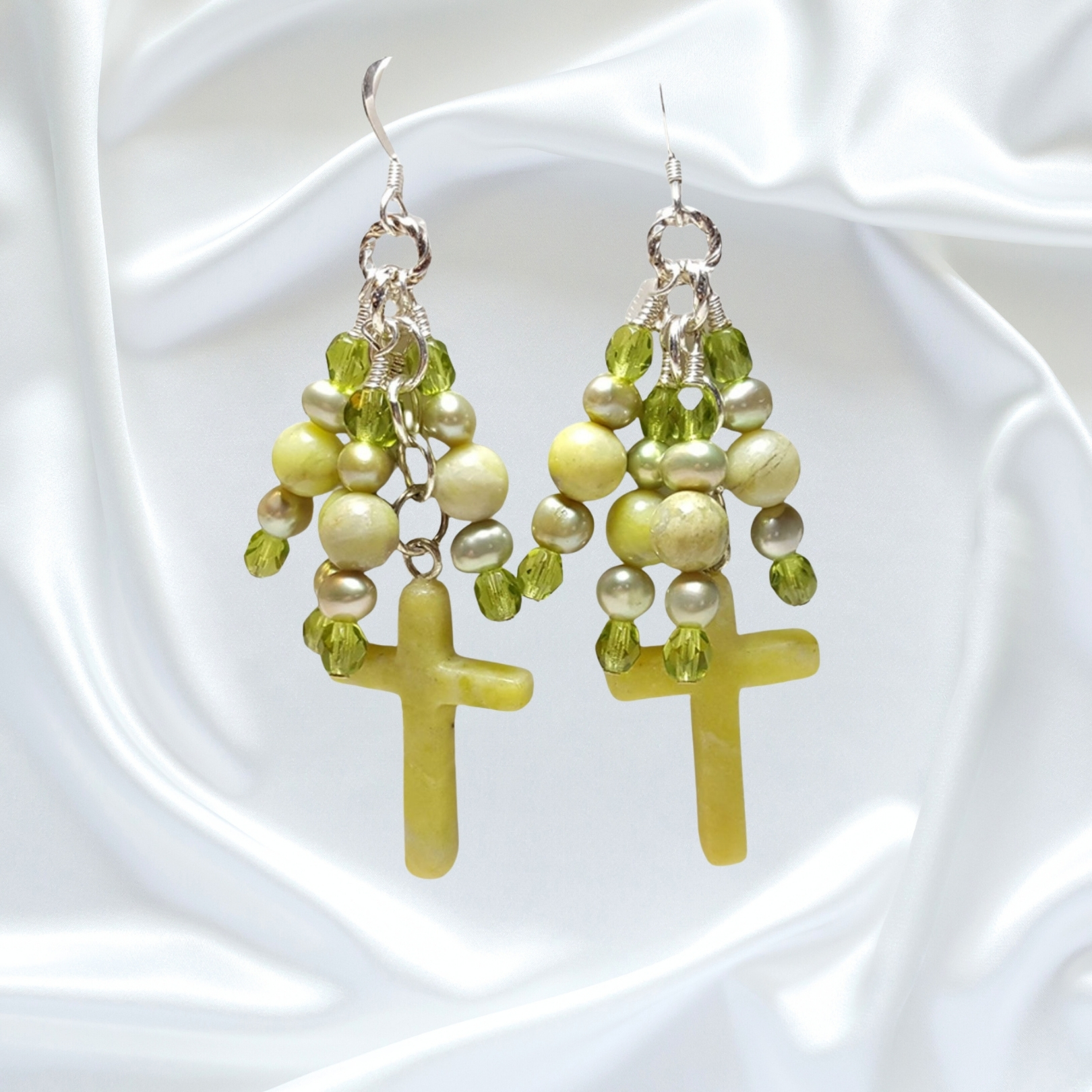 Natural Serpentine Gemstone Pearl Cross Single Strand Statement Necklace Earrings Set