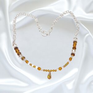Golden Topaz Crystals Single Strand Statement Necklace Earrings Set Teardrop Pendant